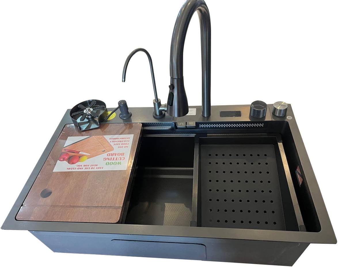 Wintel Digital Kitchen Sink 46x75 cm Black 2 Buttons 7546-2B with Faucet, Accessories & Waste
