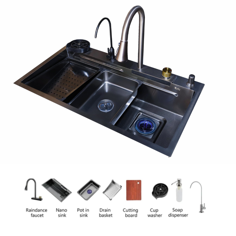 Purity Smart Korean Sink, 48 x 85 cm, Black, PSM 850BL, with Mixer, Accessories & Waste