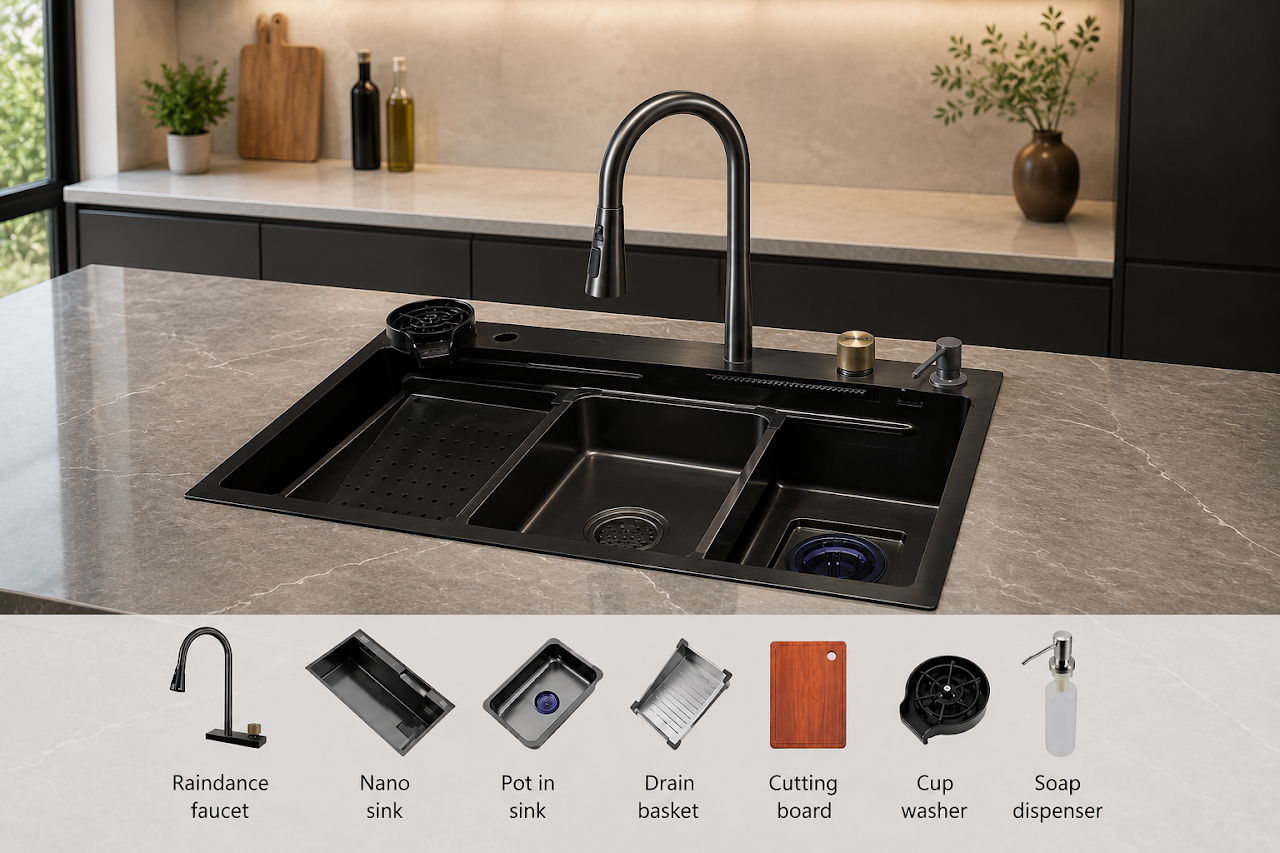 Purity kitchen sink PSM 800 BL / 80*48 cm with mixer, accessories and drain Black