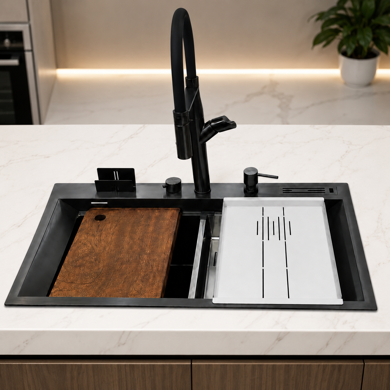 Beroia Smart Kitchen Sink 50 x 85 cm EW 8550NT with Mixer, Accessories and Drain Black