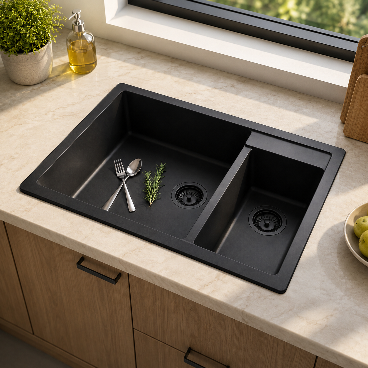 Beroia Granite Kitchen Sink 50 x 86 cm 2 bowls with Drain HB 8204 - 002 Black