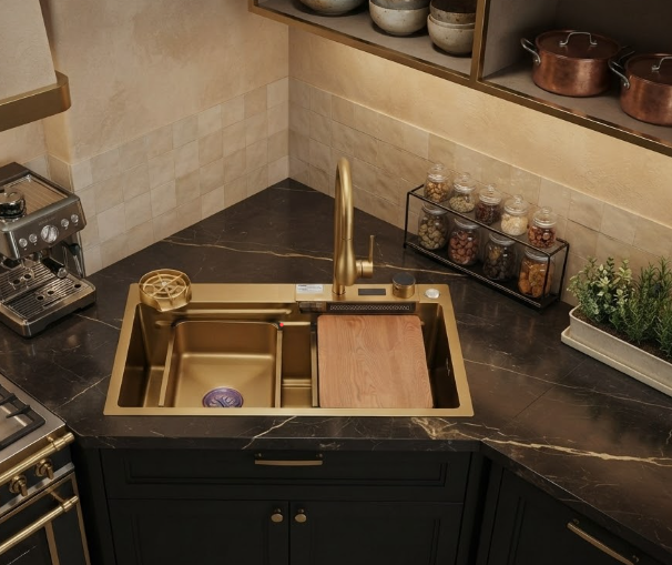 Asil Digital Kitchen Sink AS 3548 - 45×75 cm, 2-Button Control with Mixer, Accessories & Drain Gold