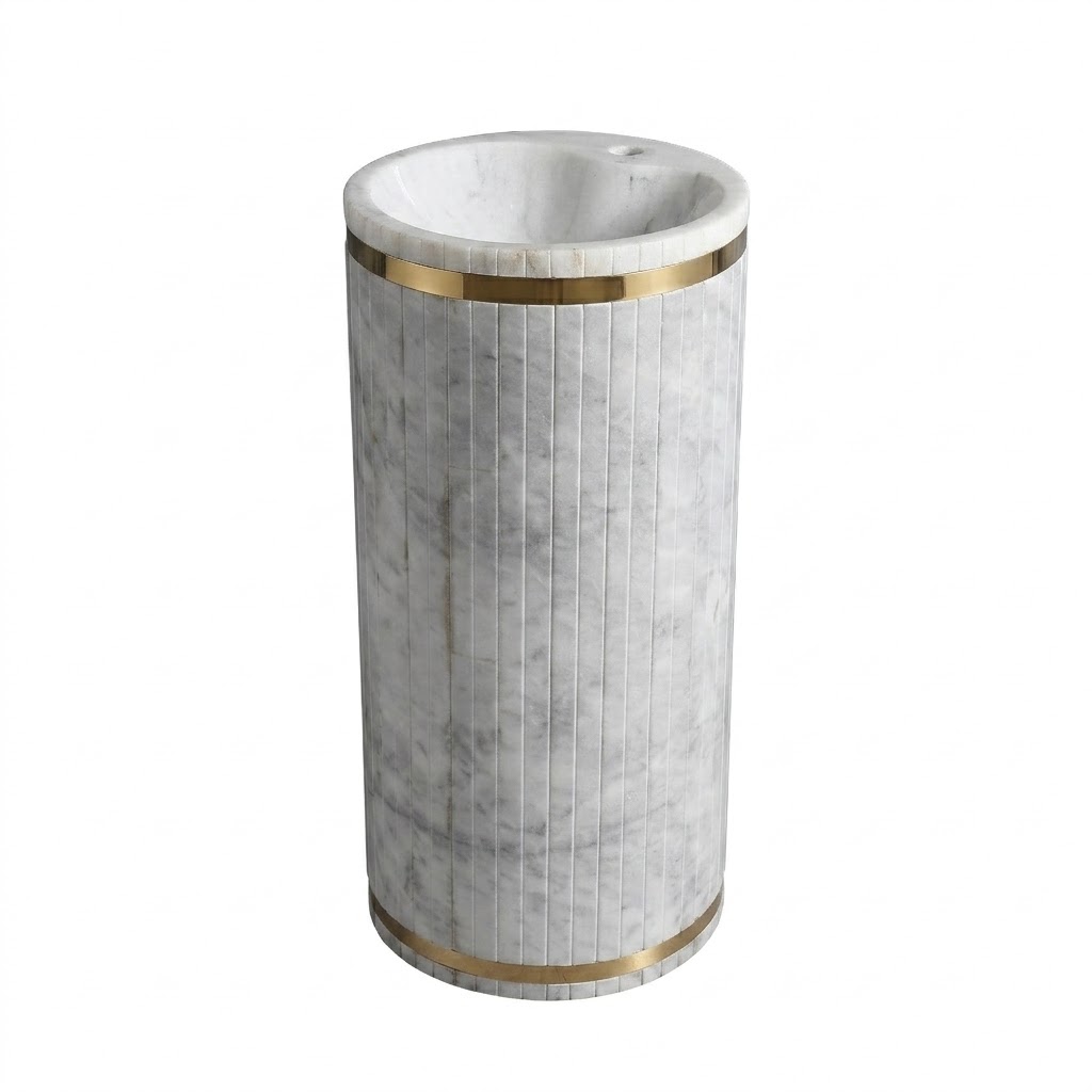 El Nada With Pedestal Washbasin with Waste Standard White Carrara × Gold MR 101