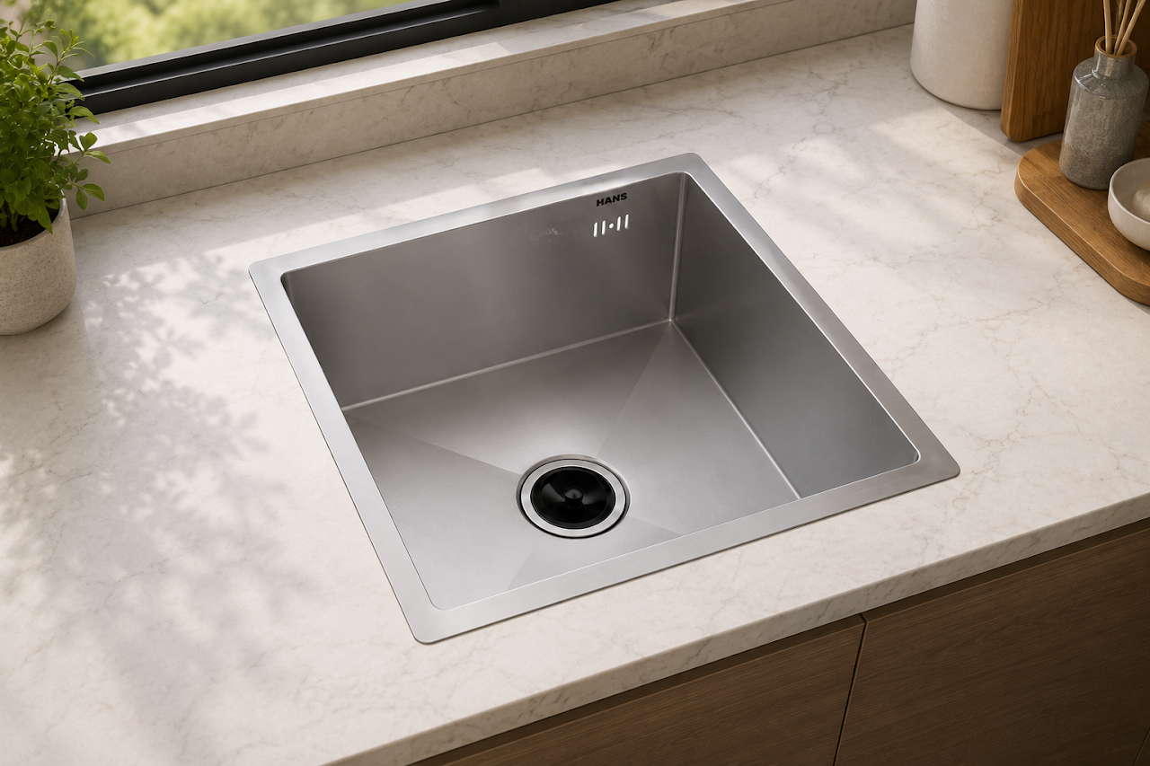Hans Handmade Kitchen Sink 46 × 46 cm With Drain Chrome H 46-46