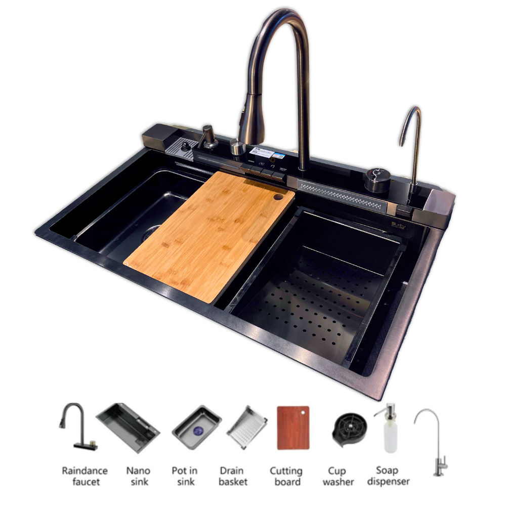 Purity Digital Korean Sink, 46 x 75 cm, Black, 5 Buttons, PSM 750BL, with Mixer, Accessories & Waste