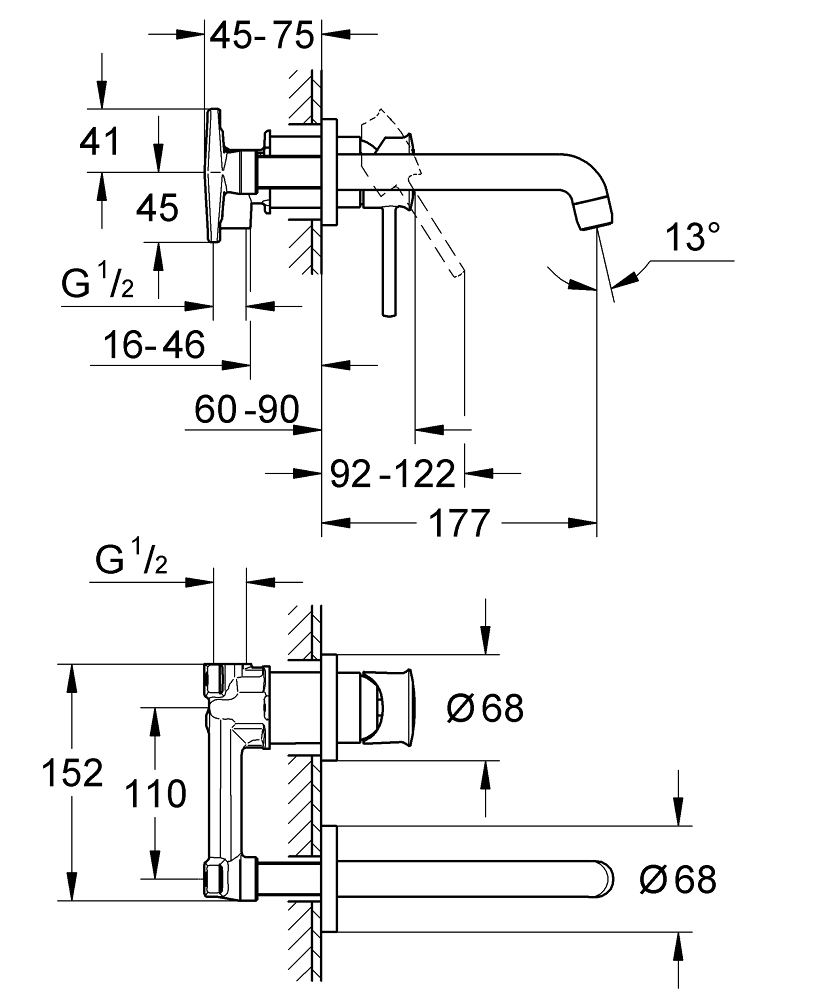 Grohe BauClassic 2-hole basin mixer Wall mount with concealed body Chrome 2029200C