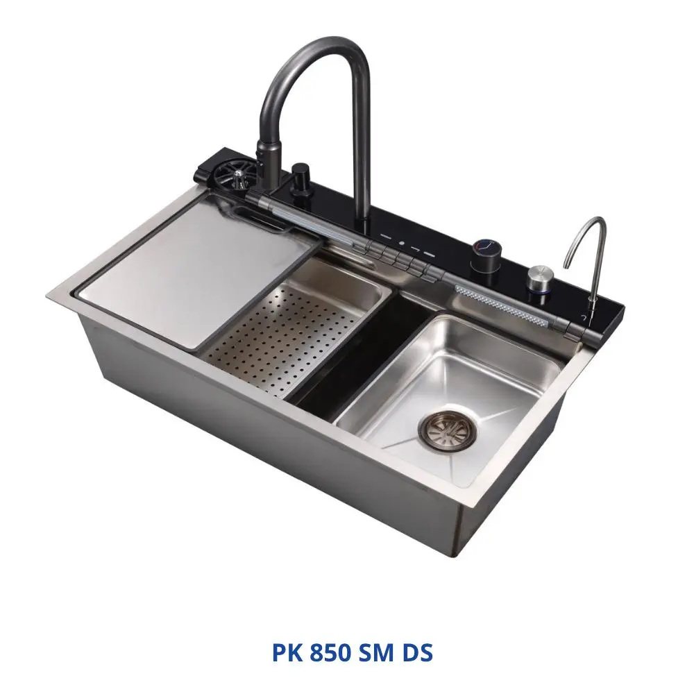 كورجى حوض مطبخ ديجيتال صينى 45 × 85 سم كروم 7 زرار PK 850SMDS بالخلاط والاكسسوار والصرف PUR