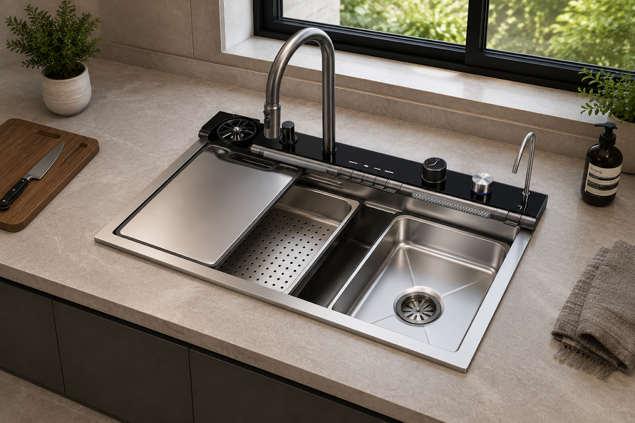 Koregy Digital Kitchen Sink 45x85 cm Chrome 7 Buttons PK 850SMDS with Faucet, Accessories & Waste PUR