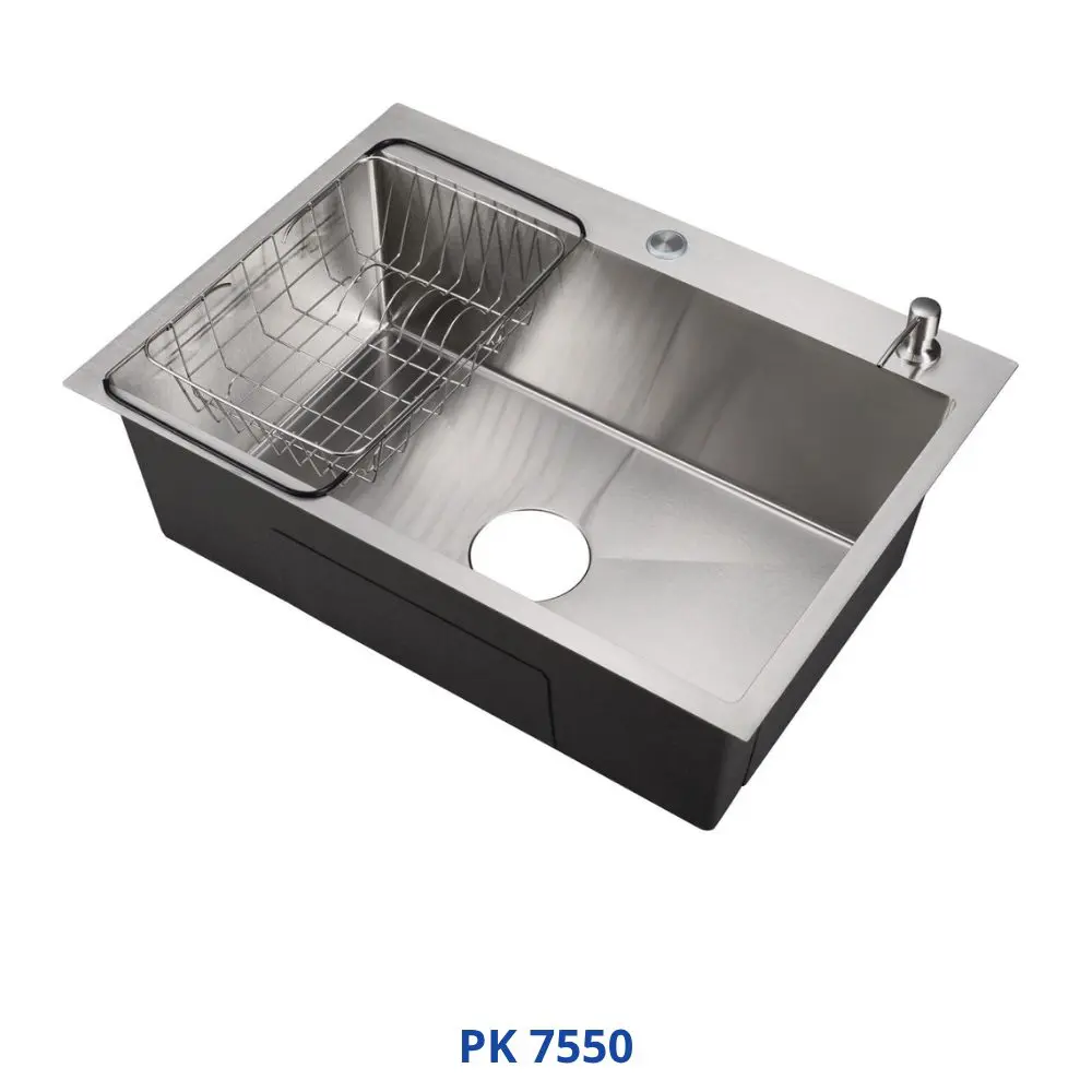 Koregy Handmade Kitchen Sink 50x75 cm Chrome PK 7550 with Waste & Accessories PUR
