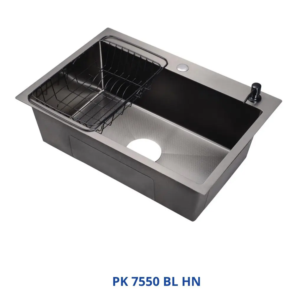 Koregy Handmade Kitchen Sink 50x75 cm Black PK 7550BLHN with Waste & Accessories PUR